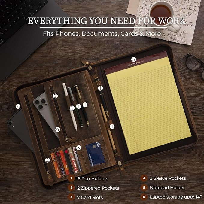 Leather Padfolio with Zipper – Business Portfolio for Men and Women, Legal Pad Portfolio, Leather Folder, Professional Padfolio for Meetings and Interviews