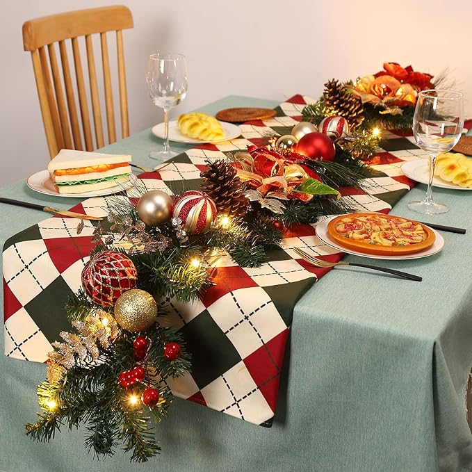 LinTimes Christmas Garland with Lights, Pre-lit Red Garland Decoration with 20 LEDs, Battery Operated Garland with Red Flowers Ball Ornaments Gold Bow, Mantle Fireplace Holiday Party Decoration