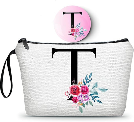 Monogram Cosmetic Bag With Mirror, Womens Birthday Gift, Small Makeup Bag for Purse, Unique Sister Gift, Initial Makeup Bag