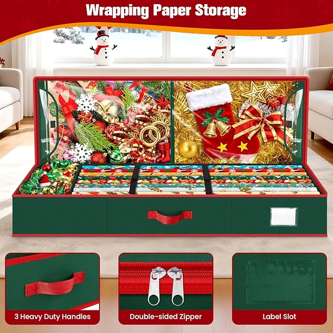 Wrapping Paper Organizer Storage, Christmas Wrapping Paper Storage for Christmas Decorations, Ribbon, Accessories, Underbed Gift Wrap Container with Flexible Partition, Interior Pockets(Green)