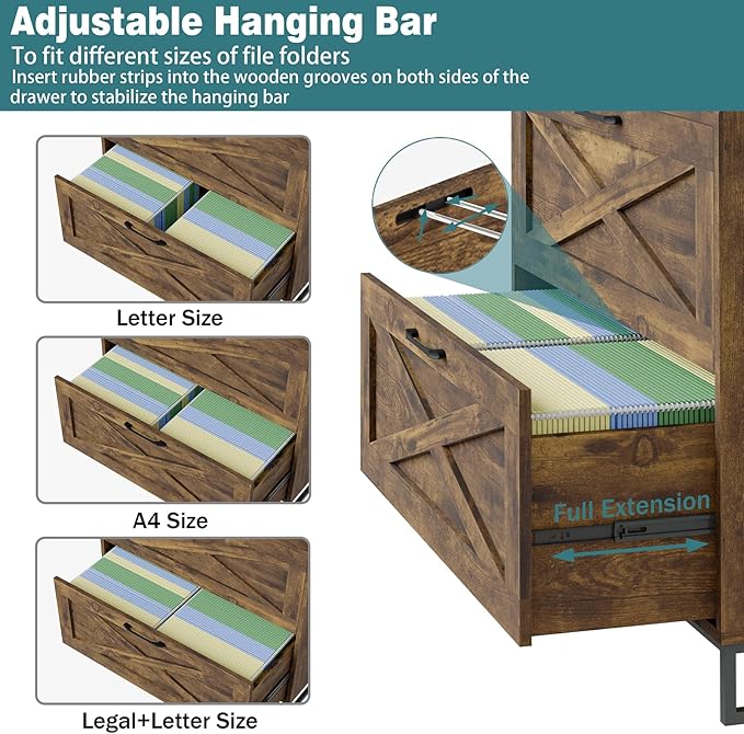 Lateral File Cabinet 2 Drawer File Cabinet with Charging Station for Legal/Letter/A4 Size Hanging Files, Large Wood File Storage Cabinets Printer Stand for Home Office, Rustic Brown