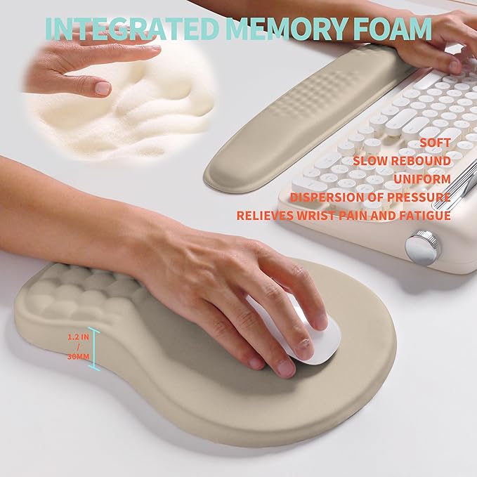 2-in-1 Ergonomic Set, Wave Rise Keyboard Wrist Rest and Massage Bulge Slope Mouse Pad Wrist Support, Cushion Memory Foam Integrated to Relieve Wrist Pain, Apricot