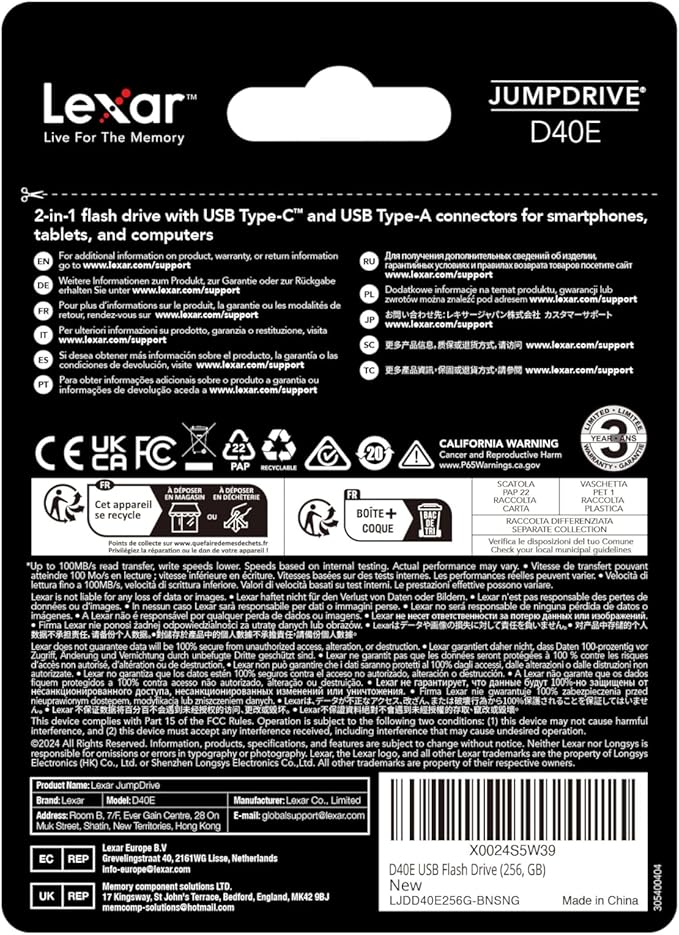 Lexar D40E 256GB Dual USB 3.2 Gen 1 Type-C Jump Drive, USB-C Flash Metal Housing Swivel Design Thumb Drive