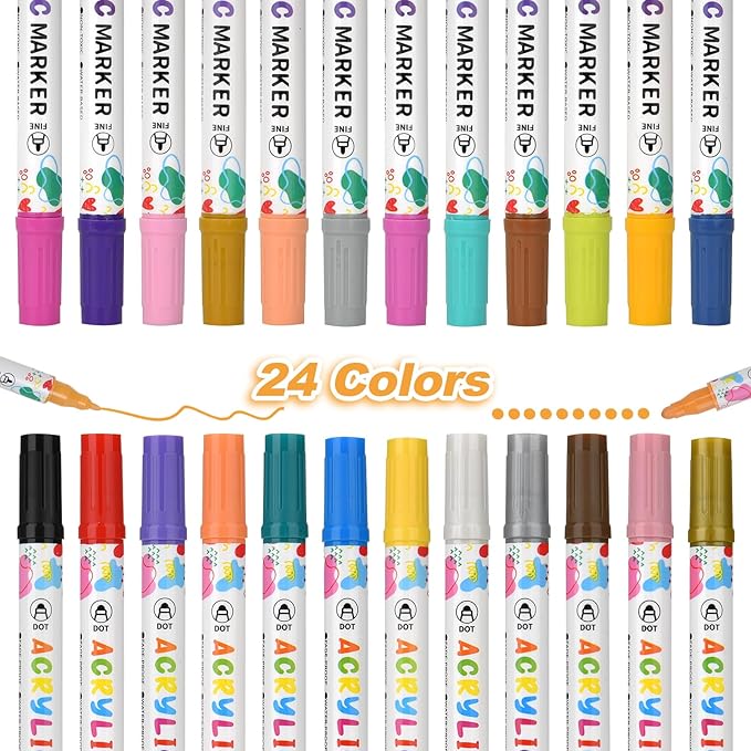 24 Colors Acrylic Paint Pens, Dual Tip Acrylic Paint Markers for Paper, Wood, Canvas, Stone, Rock Painting, Glass, Fabric, DIY, Ceramic, Art Supplies for Kids and Adults Drawing (Dot + Fine)