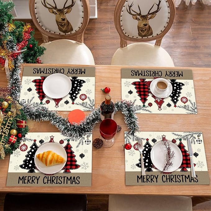 50 Pack Red and Black Buffalo Plaid Christmas Paper Placemats,16x 11 Inch Christmas Trees Disposable Placemats Seasonal Winter Xmas Holiday Table Mats for Kitchen Dining christas Party Supplies