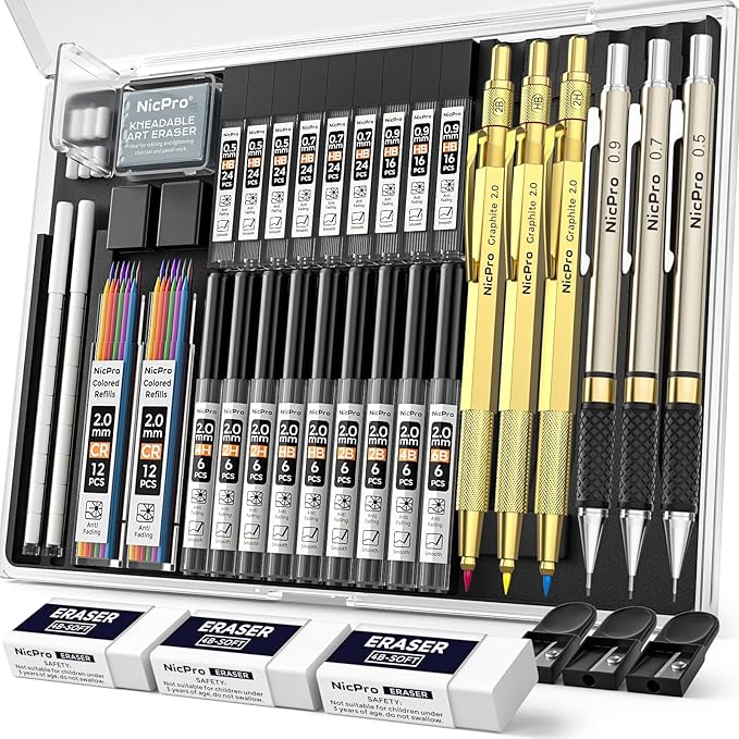 Nicpro 35PCS Gold Art Mechanical Pencils Set, 3 PCS Metal Drafting Pencil 0.5 mm & 0.7 mm & 0.9 mm & 3 PCS 2mm Lead Holder (6B 4B 2B HB 2H 4H Colors) For Sketching Drawing