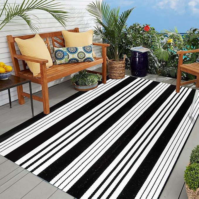 OJIA Outdoor Rug 5'x7' Patio Rug, Machine Washable Black and White Outdoor Rug Cotton Woven Area Rug Living Room Rug Farmhouse Indoor Carpet for Front Door/Porch/Deck/Backyard/Bedroom