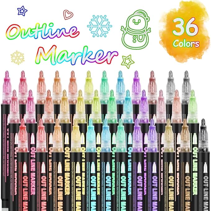 Double Line Super Squiggles Glitter & Metallic Markers, 36 Colors - Self Outline Pens for Doodle Art, Greeting Cards & Crafts