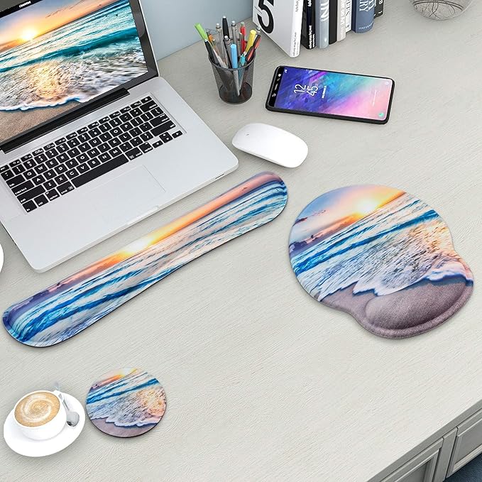 Mouse Pad and Keyboard Wrist Rest Support, with Non-Slip PU Base,Gel Mouse Pad with Coaster,Pain Relief for Gaming, Computer,Office -Beach