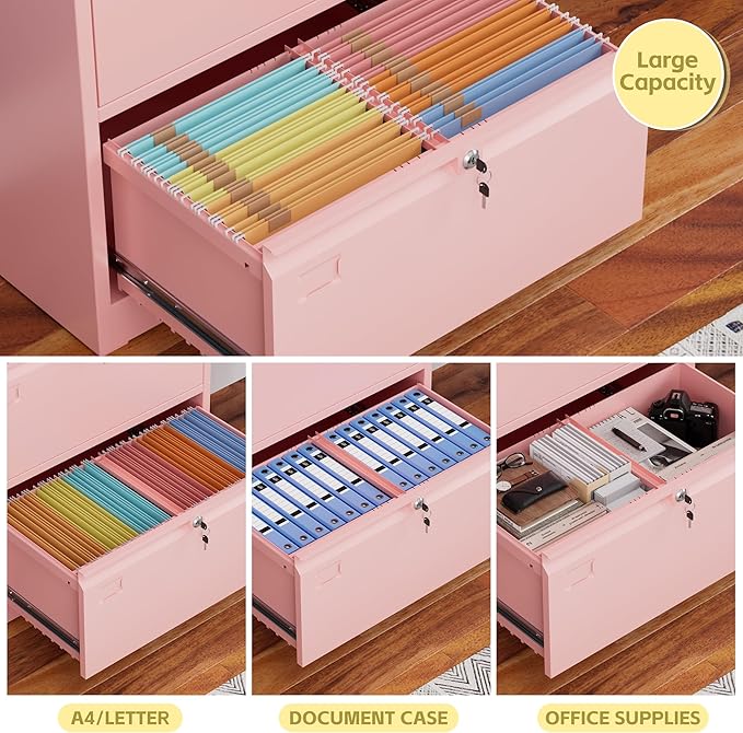 METAN Upgrade Metal 2 Drawer Lateral Files Cabinet for Home Office, Lockable Steel Wide File Storage Cabinet for Hanging Legal/Letter A4 Size, Assembly Required,Pink