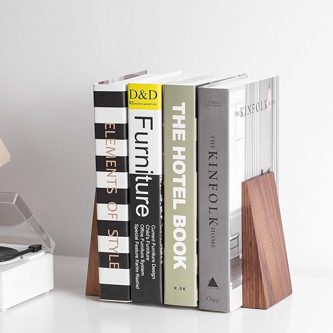 Muso Wood Thickened Wooden Bookends for Heavy Books, Creative Decorative Non-Skid Handmade Walnut Wood Ends for Shelves