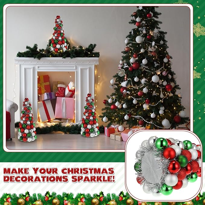 Meooeck 2 Pcs Christmas Ball Tree with Lights 16 Inch LED Fireplace Table Holiday Xmas Tree Decorations Tabletop Christmas Beach Decorations for Party(Red, Silver, Green)