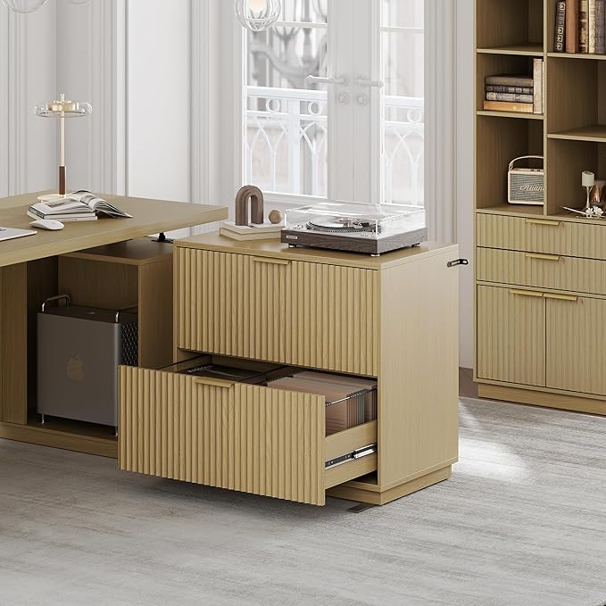 2 Drawer Fluted File Cabinet, 32'' Lateral File Cabinet for Legal/Letter/A4/F4 Size Hanging Files, Wood File Storage for Home Office, Light Walnut