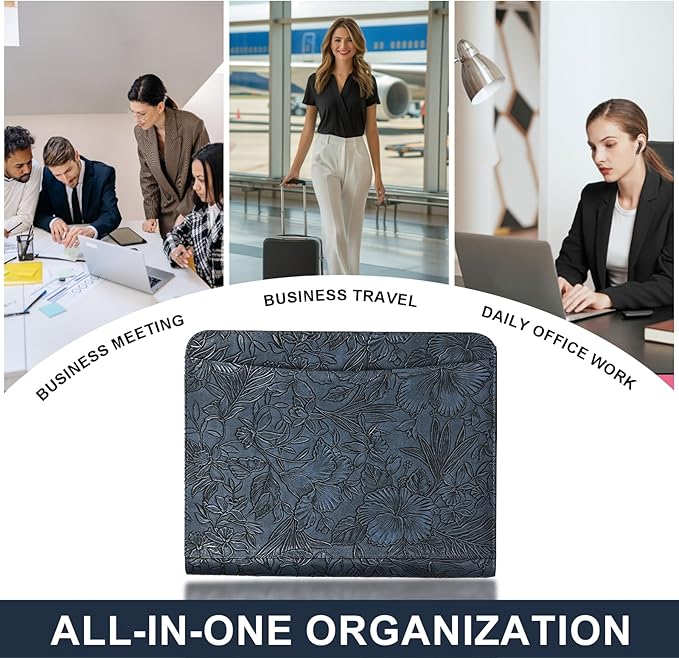 Leathario Portfolio Binder, Includes 5 Folder Index Dividers and 3 Notepads, 3-Ring Folder Organizer, Padfolio with Zipper, Vegan Leather Tablet Sleeve, Business Office Conference Clipboards