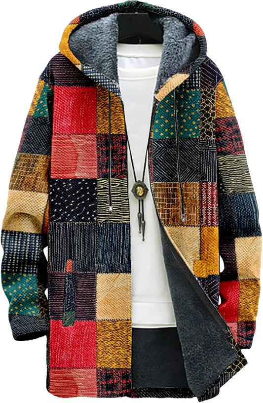 MARSVOVO Mens Cardigan Sweater Cool Graphic Lined Fleece Long Coat Zip With Pockets Fashion Coat Warm Fitted Jacket