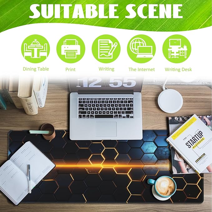 Large Gaming Mouse Pad for Desk,Golden Lines Honeycomb Technology Desk Mat,Honeycomb Technology Desk Pad,Extended Computer Keyboard Mouse Pad with Non-Slip Base and Stitched Edge,31.5"x11.8"