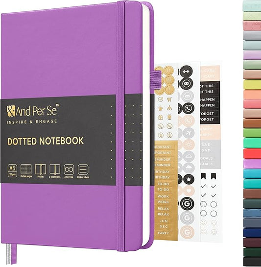 &And Per Se Dotted Journal Notebook, A5 Hardcover Leather Bullet Dotted Journal, 160 Pages 100 gsm Thick Paper, 3 Sheets of Stickers Included- 5.7'' x 8'' (Violet)