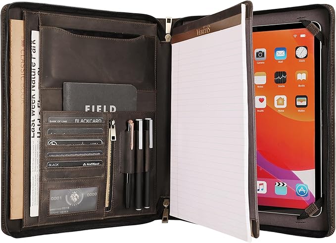 Leather Portfolio for 12.9 inch iPad Pro (2018/2020/2021/2022), Leather Portfolio with Ipad Holder for Letter Size Notepad, Personalized Padfolio for Men (Grey, Non-Custom)