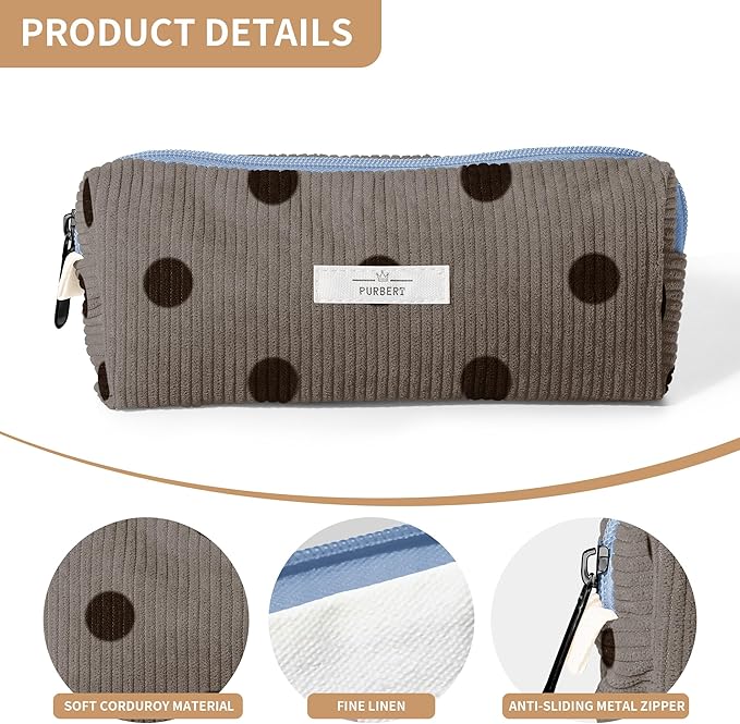 Pencil Bag Pen Case, Soft Corduroy Small Pencil Pouch Organizer with Zipper, Cute Pencil Case Pouch Stationery for Girls and Boys – Dot Grey