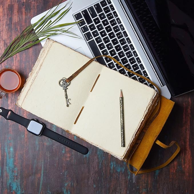 LEATHER VILLAGE Vintage Leather Journal – 200 Handmade Vintage Deckle Edge Paper – Leather bound Journal For Women Men – Vintage Key Closure - Book of Shadows - Cappuccuno Brown - 13X8 inches