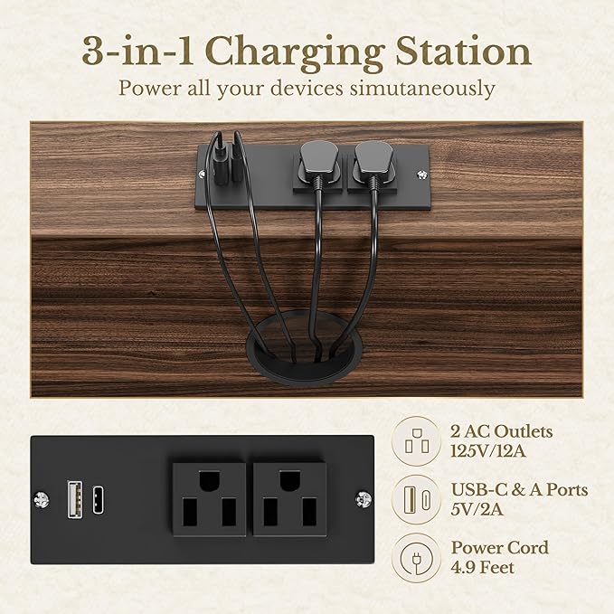 2 Drawer Fluted File Cabinet, 32'' Lateral File Cabinet with Lock and AC/USB for Legal/Letter/A4/F4 Size, Wood Filing Cabinet with Storage Shelves for Home Office, Black Walnut
