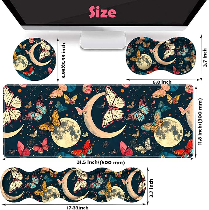 Large XXL Gaming Desk Mat 31.5"x 11.8", Ergonomic Keyboard Wrist Rest & Mouse Pad Wrist Rest + Coaster Set, Non-Slip Base, Memory Foam, Office and Home, Moon Butterfly