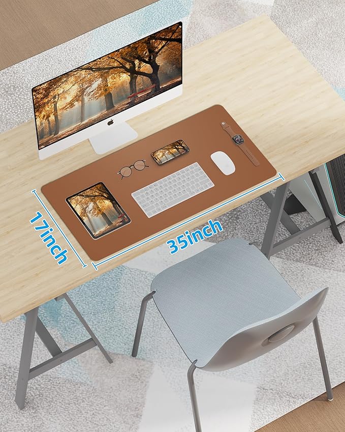 Leather Desk Pad Blotter,Mouse Pad,Office Desk Mat, Non-Slip PU Leather Desk mat,Large Desk mat,Waterproof Keyboard mat for Office/Home/Decor (Brown,35" x 17")