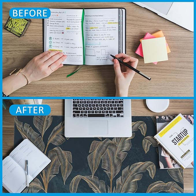 Mouse Pad,Abstract Golden Art Line Style Desk Mat for Desktop,Desk Pad with Non-Slip Base and Stitched Edge,Extended Mousepad for Office and Home 35.4X15.7 Inch