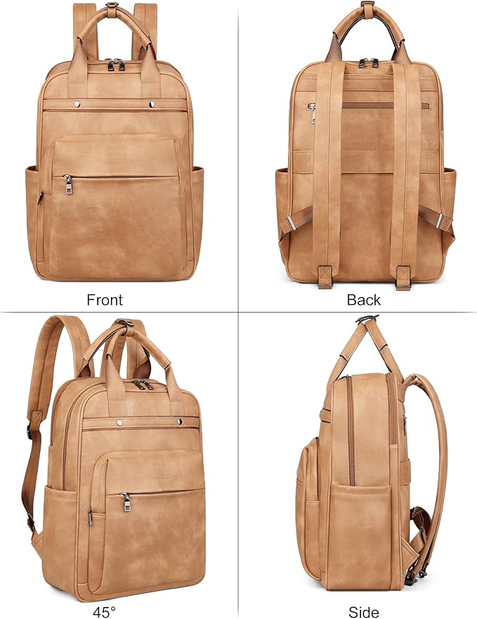 MASINTOR Leather Laptop Backpack for Women, Stylish Computer Backpack College Business Work Shoulder Bags Work and Travel Retro Camel