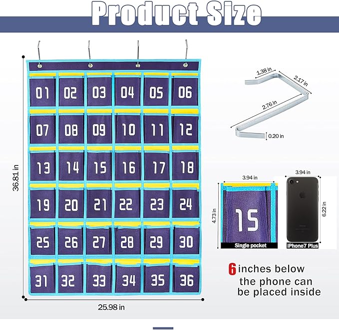 Loghot Numbered Classroom Sundries Closet Pocket Chart for Cell Phones Holder Wall Door Hanging Organizer (36 Pockets Blue)