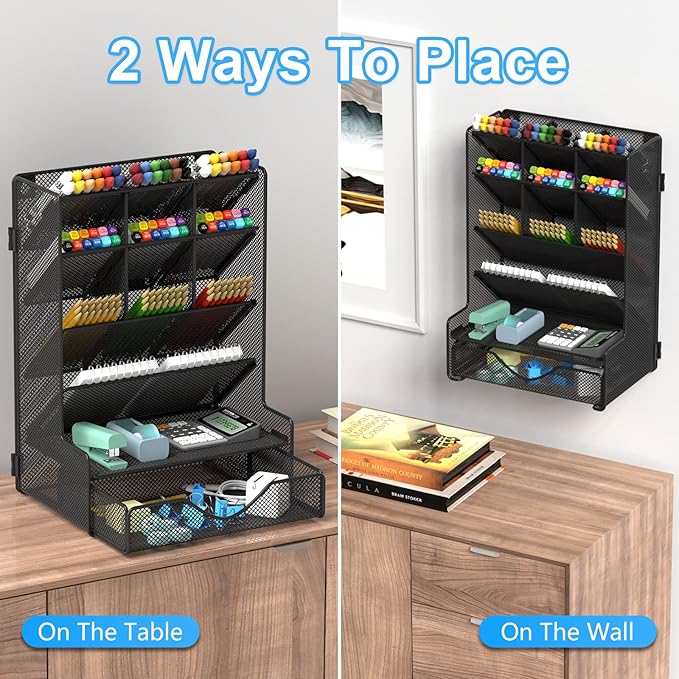 Pen Organizer for Desk, Multi-Functional Desk Organizer, Wall Mount Pen Holder with Drawer for School, Office, Home, Art Supplies, Black