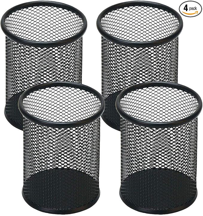 Pen Holder Mesh Pencil Holder Metal Pen Holder Cup Pencil Cup Holder for Desk Office Pen Organizer Black, 4 Pack