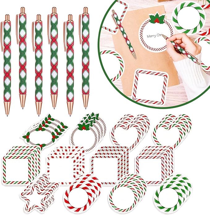 36 Sets Christmas Pen and Notepad Set, Includes 12 Metal Black Ink Pens and 24 Christmas Candy Sticky Notes 3x3 Inch, Perfect Holiday Gifts for Teachers, Students, Office, and Home