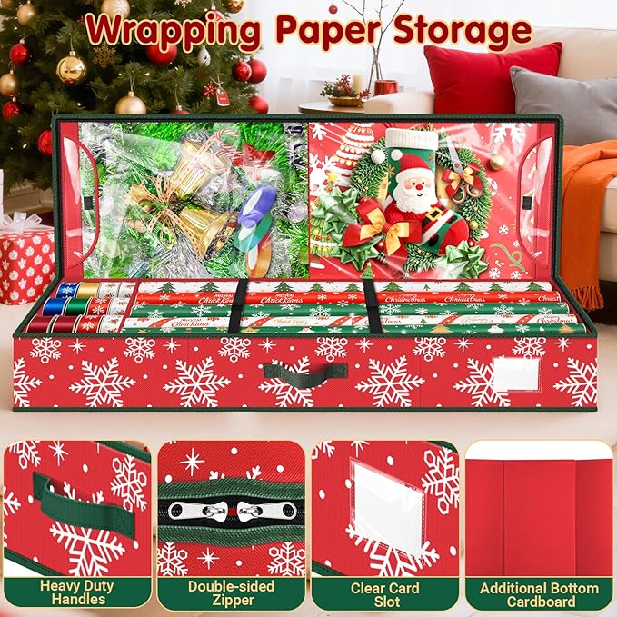 Wrapping Paper Organizer Storage, Christmas Wrapping Paper Storage with Flexible Partition & Pockets for Christmas Decorations, Ribbon, Underbed Gift Wrap Organizer for Holiday(Snowflake/Red)