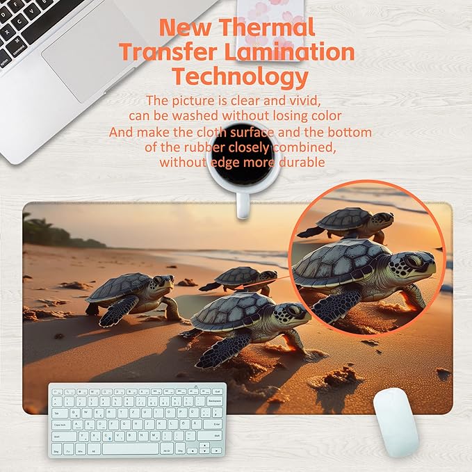 Large Gaming Mouse Pad for Desk, Baby Turtles On Beach Desk Mat, Cute Sea Turtle Desk Pad, 31.5"x15.7" Extended Big Computer Keyboard Mouse Pad with Non-Slip Base and Stitched Edge