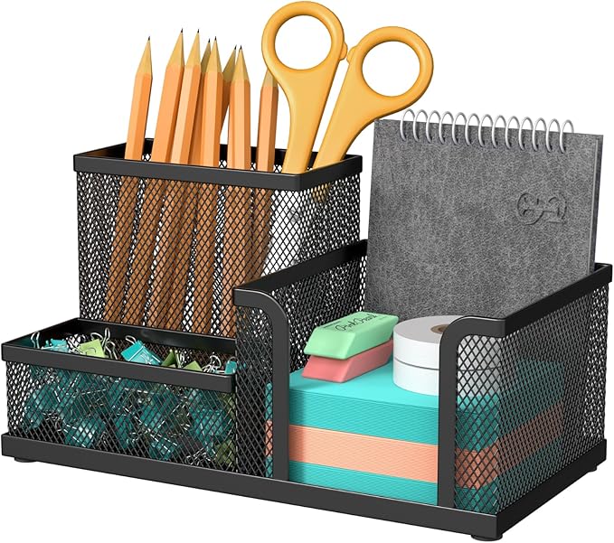 MaxGear Pen Holder for Desk - Black Metal Mesh Pencil Holder with 3 Compartments, Desktop Organizer with Non-Slip Mats, Office Supplies Organizer for School, Home & Workspace