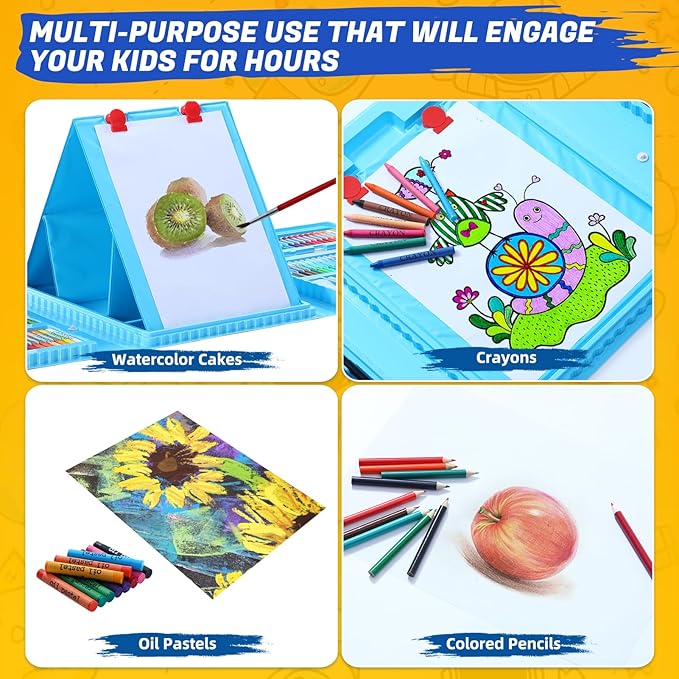 All in One Art Supplies, Art Kit Includes Easel, Origami Paper, Colored Pencils, Crayons, Drawing Book, Coloring Book, Watercolor Pens, Markers and Oil Pastels, Gifts for Girls Boys Teens, Blue