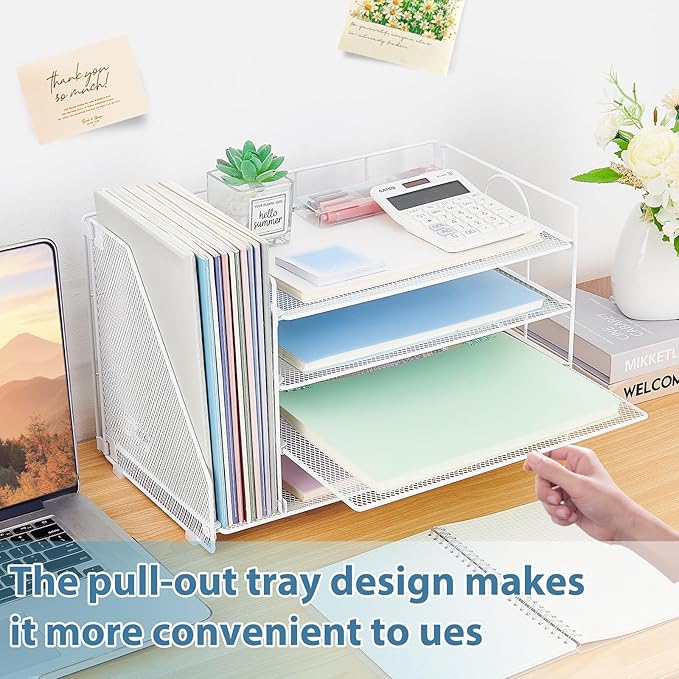 OPNCIE 4-Tier Paper Organizer with Magazine Holder, Desk Organizers and Accessories, Office Desk Accessories & Workspace Organizers, Desktop File Organizer for Office Supplies Storage, White