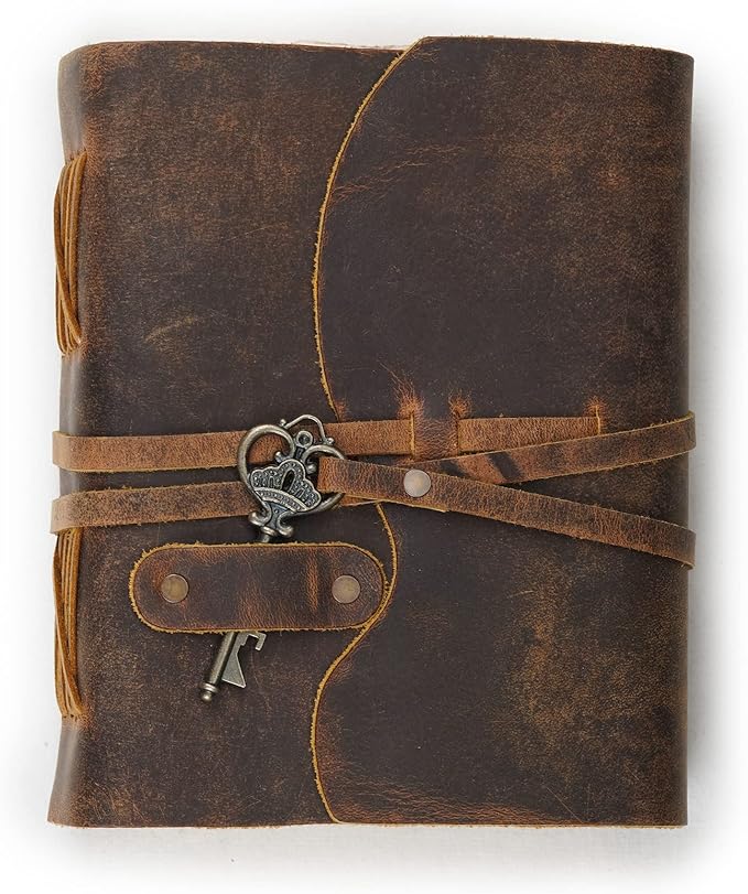 LEATHER VILLAGE Vintage Leather Journal – 200 Handmade Vintage Deckle Edge Paper – Leather bound Journal For Women Men – Vintage Key Closure - Book of Shadows - Cappuccuno Brown - 6X4 inches (A6)