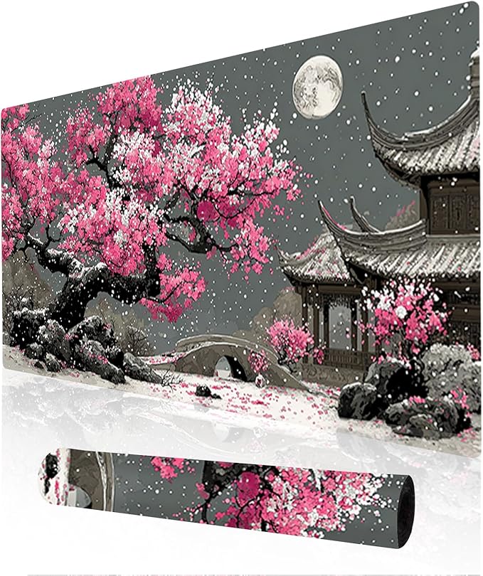 Nuxovilar Professional Large Mouse Pad & Computer Game Mouse Mat (35.4x15.7IN, Japanese Cherry Blossom & Moon Art) (90 * 40cm Japanese Cherry Blossom)
