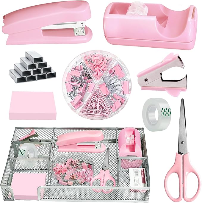 Pink Office Desk Accessories, Pink Office Supplies Set, Desk Drawer Organizer,Stapler and Tape Dispenser Set,Tape,Staple Remover, Staples, Paper Clips, Scissor and Sticky Note