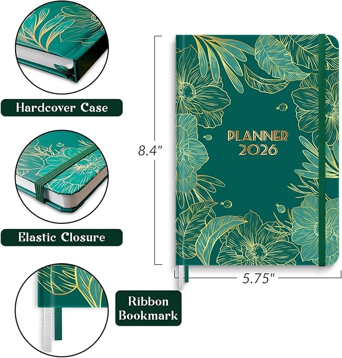 2026 Planner, 12 Month Weekly and Monthly Calendar 2026, Hardcover Daily Agenda Planners from Jan. to Dec, Habit Tracker Journal with Ribbon Bookmark 5.75" x 8.4"(Peacock Green)