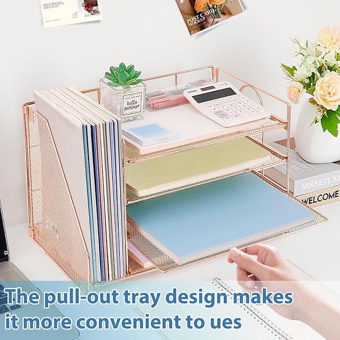 OPNICE 4-Tier Paper Organizer with Magazine Holder, Desk Organizers and Accessories, Office Desk Accessories & Workspace Organizers, Desktop File Organizer for Office Supplies Storage, Rose Gold