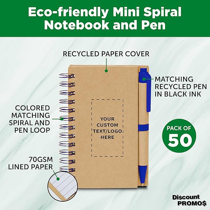 Custom Mini Spiral Notebooks with Black Ink Pens Set of 50, Personalized Bulk Pack - Perfect for School, Office, Business, Home - Blue
