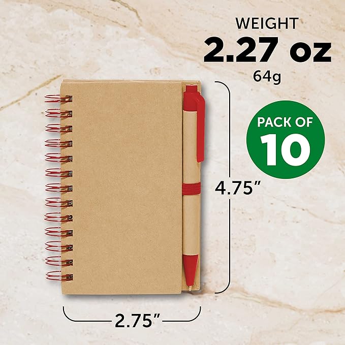 Mini Spiral Notebooks with Black Ink Pens Set of 10, Bulk Pack - Perfect for School, Office, Business, Home - Red