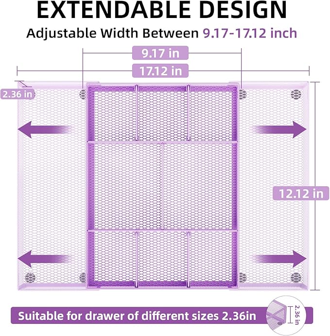 Marbrasse Expandable Desk Drawer Organizer, Mesh Drawer Organizer Tray with 10 Adjustable Compartments, Desk Organizers and Accessories for Office Supplies, Makeup & Vanity (Expandable-Purple)