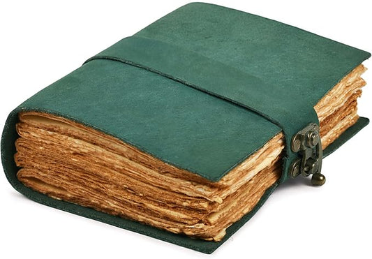 LEATHER VILLAGE Leather Bound Vintage Journal for Women & Men - Book of Shadows - Lock Closure - 200 Pages of Antique Deckle Edges Handmade Paper - Turquoise Color - 10 X 7 inches