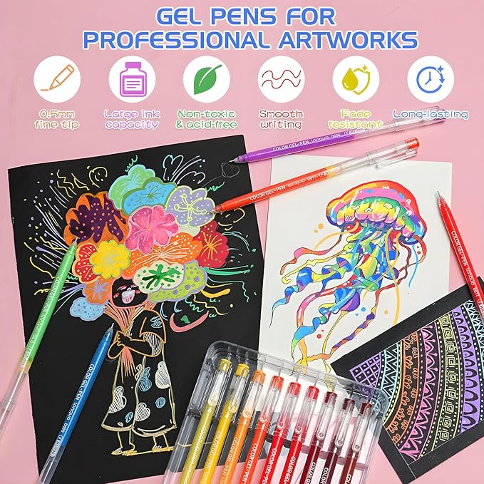 45 Color Gel Pens, 0.6 mm Fine Tip Gel Pens for Adult Coloring Book—Portable Case gel pens Colored for Journaling, Coloring, Planners, Drawing & DIY Crafts. Non-Toxic,Smooth,Water-Based