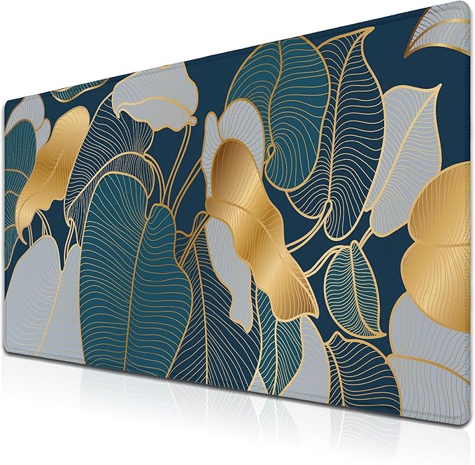 Mouse Pad for Women Gold Blue Desktop Pad Gaming Mouse Pads Large Mousepad Office Pad Waterproof Non-Slip Rubber Base 35.4" X 15.7" for Game Office, Precious Leaves of The Jungle