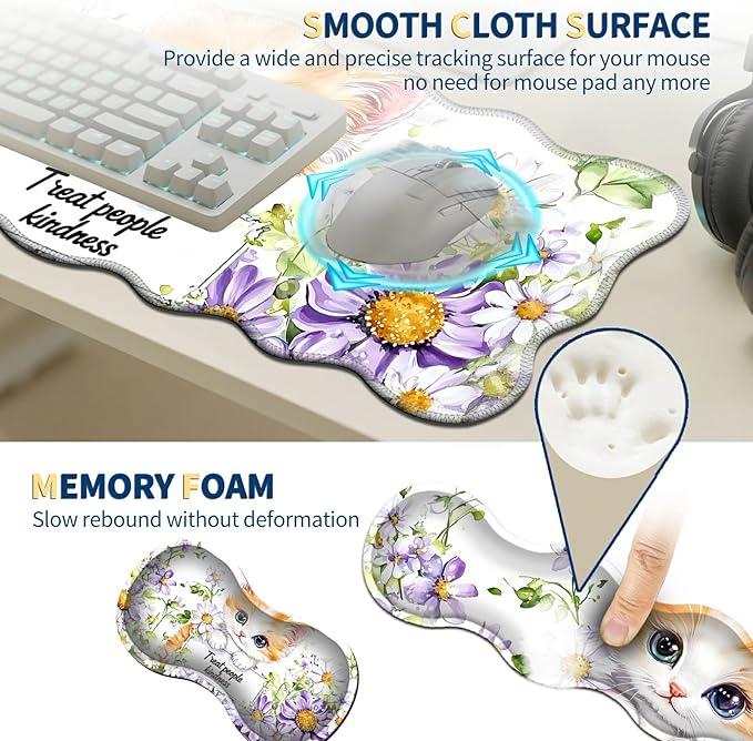 4-Piece XXL Gaming Mouse Pad Set (31.5"x11.8") with Keyboard Wrist Rest,Mouse Wrist Support & Coaster,Ergonomic Non-Slip Desk Mat for Office & Home,Cute Cat Flower